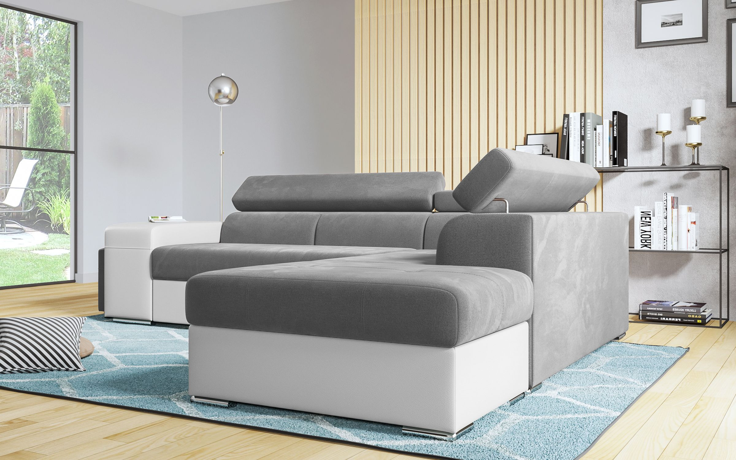 Coltar extensibil Amirei + 2 taburete, gri + piele alba  4