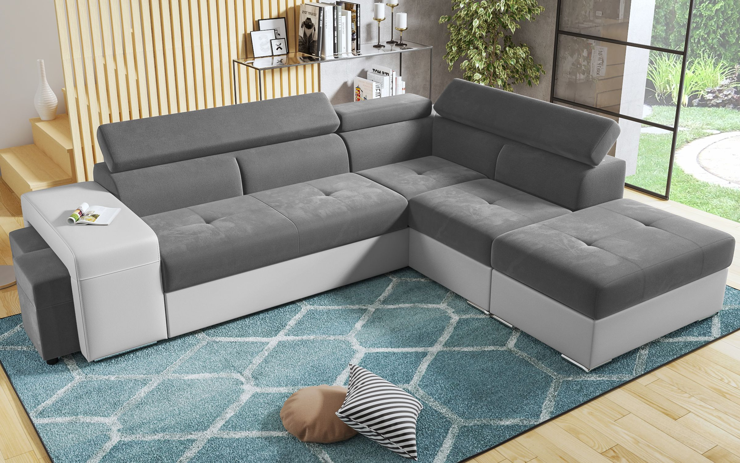 Coltar extensibil Amirei + 2 taburete, gri + piele alba  6