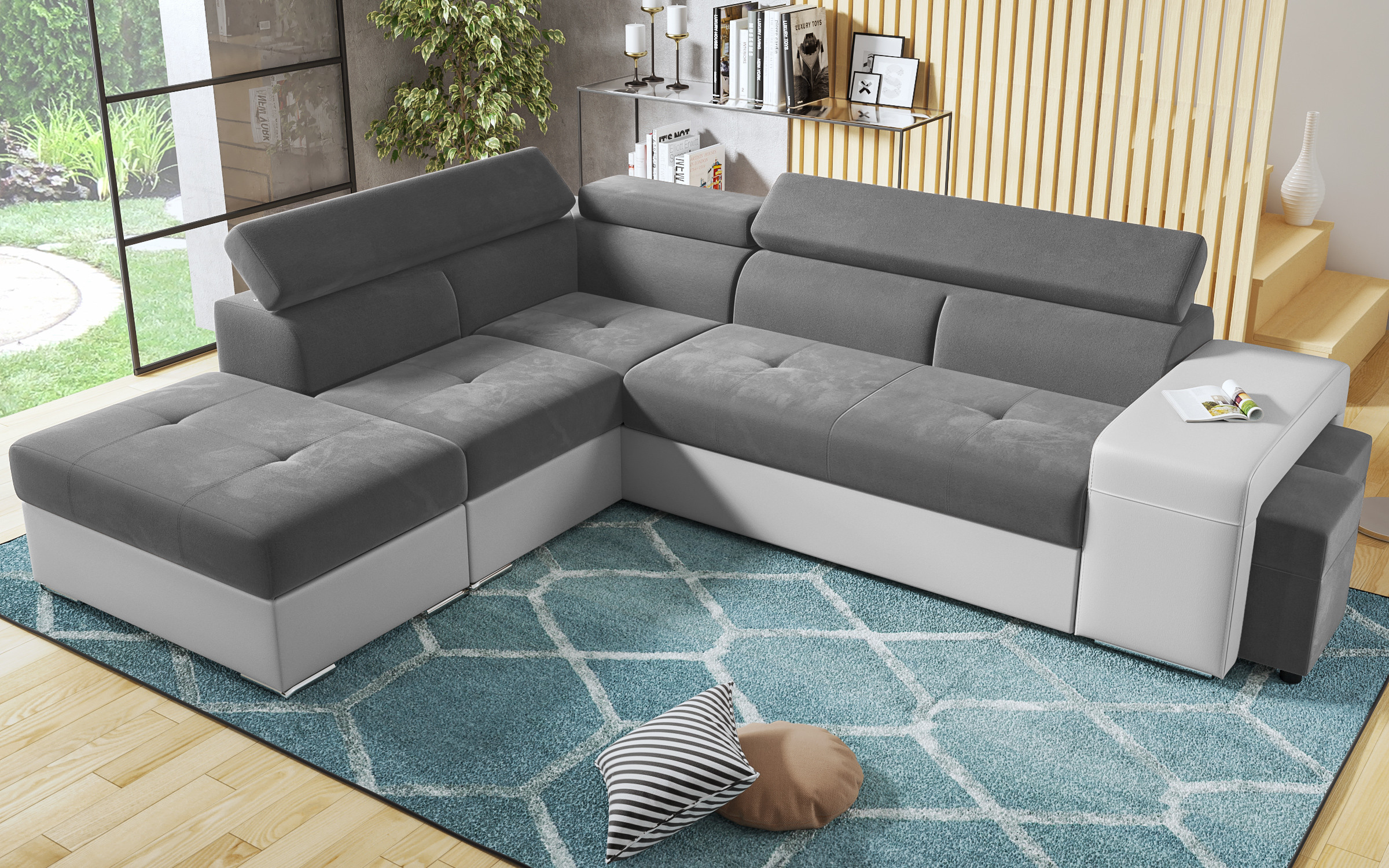 Coltar extensibil Amirei + 2 taburete, gri + piele alba  6
