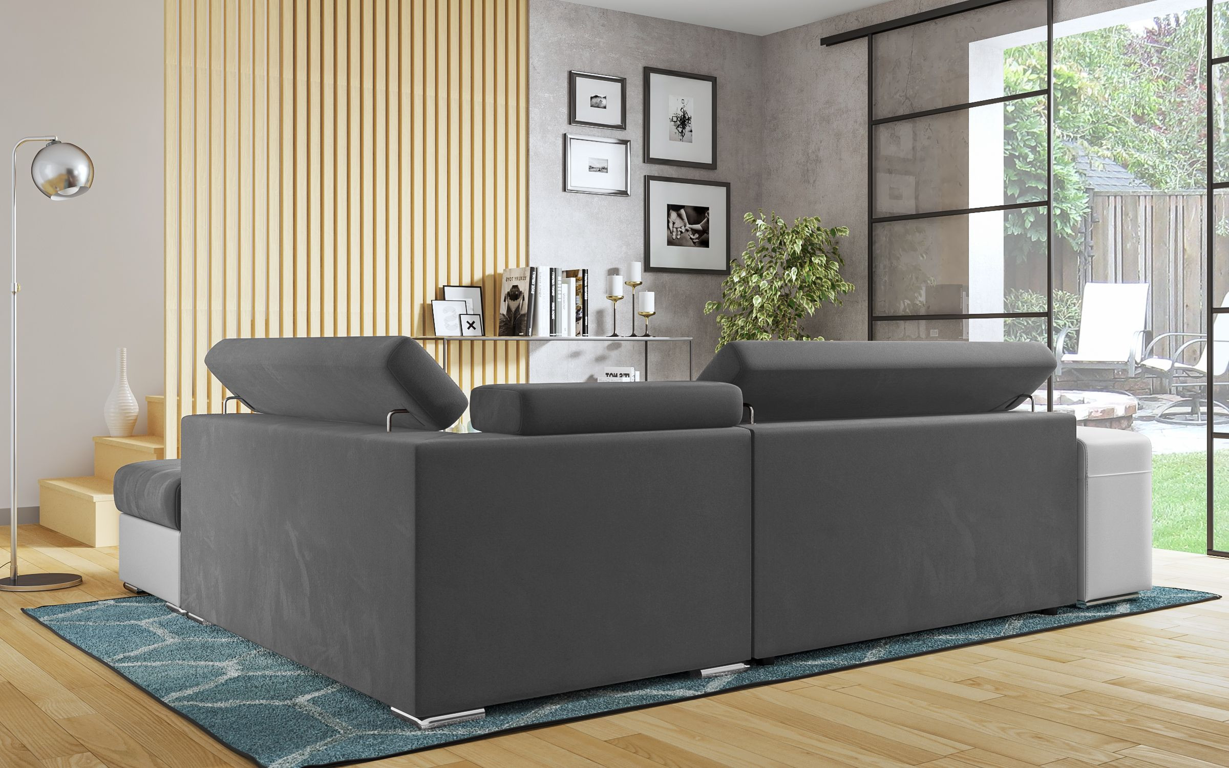 Coltar extensibil Amirei + 2 taburete, gri + piele alba  7