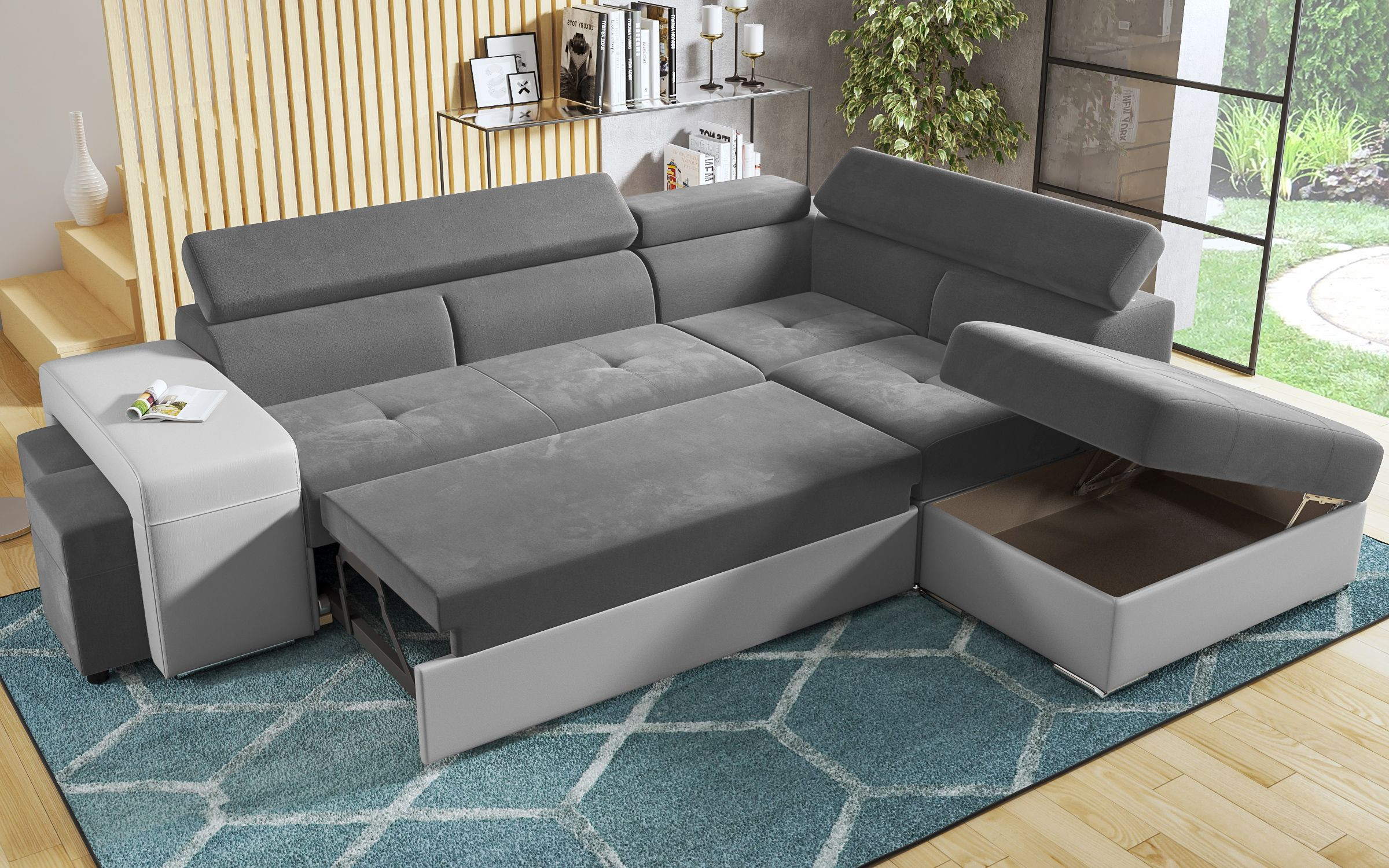 Coltar extensibil Amirei + 2 taburete, gri + piele alba  8