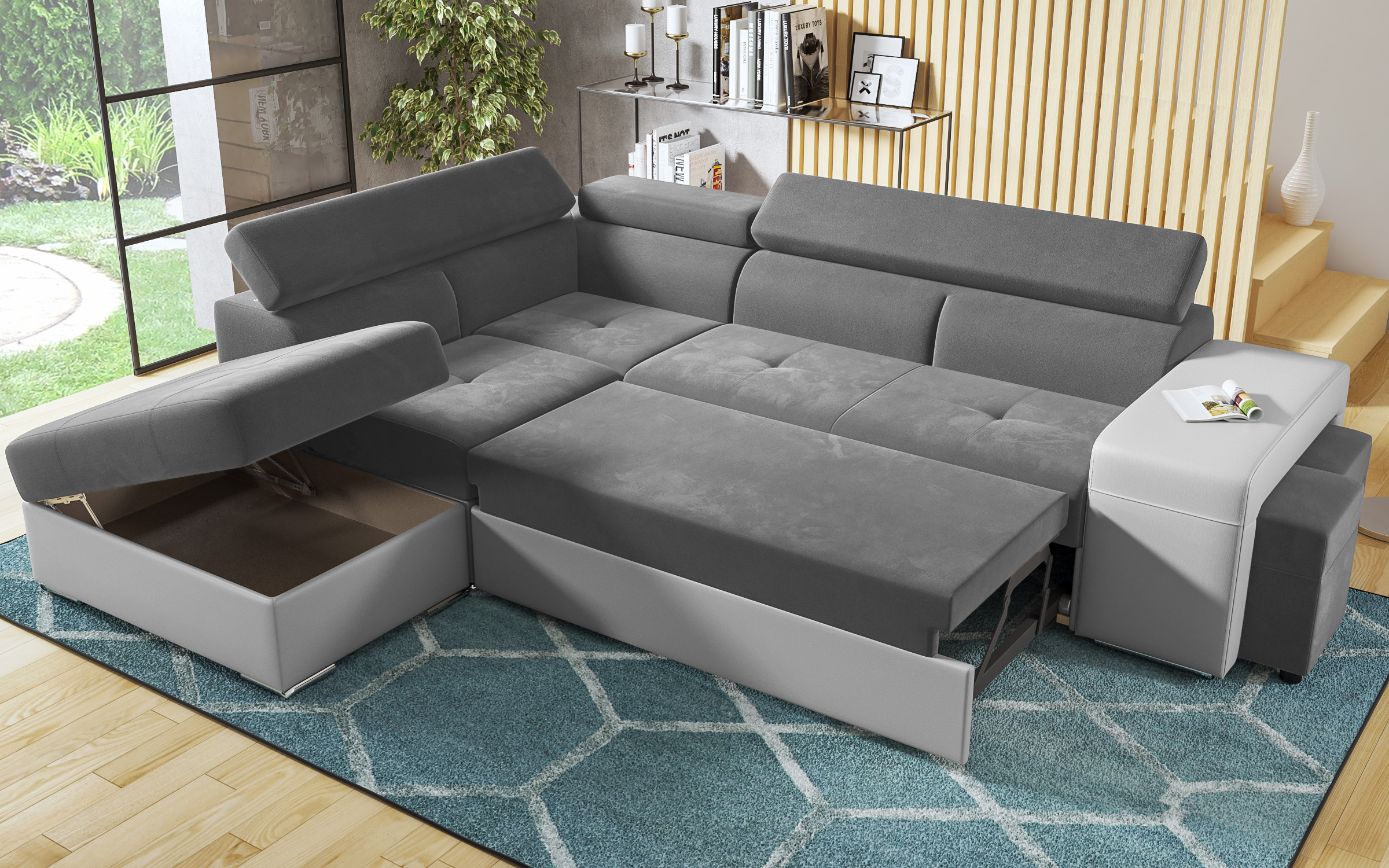Coltar extensibil Amirei + 2 taburete, gri + piele alba  7