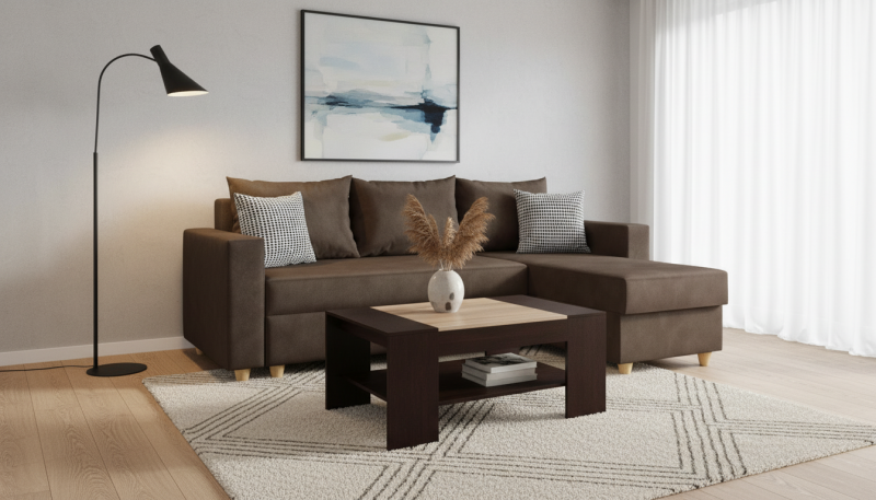 Set Coltar Fabiola + masuta de cafea Sima, maro + wenge si stejar sonoma  1