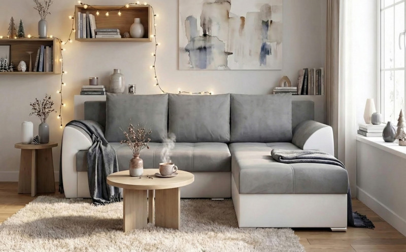 Coltar extensibil Deman, gri + piele alba  1