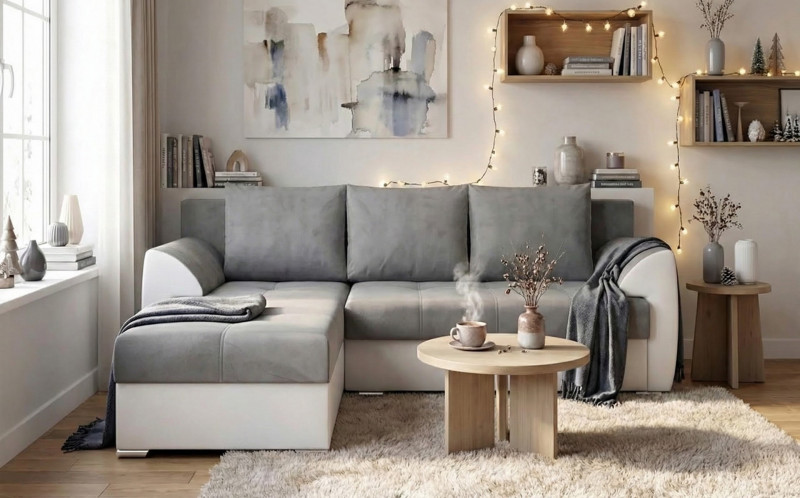 Coltar extensibil Deman, gri + piele alba  1