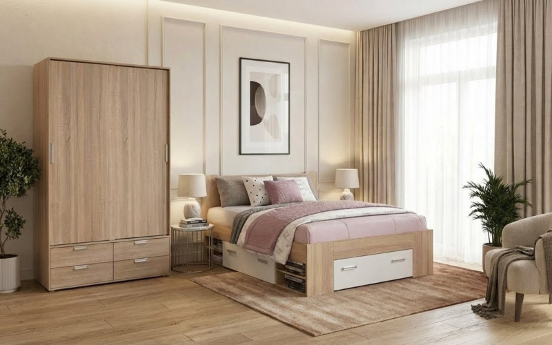 Set dormitor 160/200 Almaro, stejar sonoma + alb lucios  1