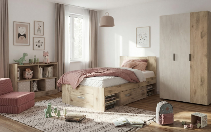Set pentru camera copilului Cristi, stejar scandinav deschis + Silk + roz  1