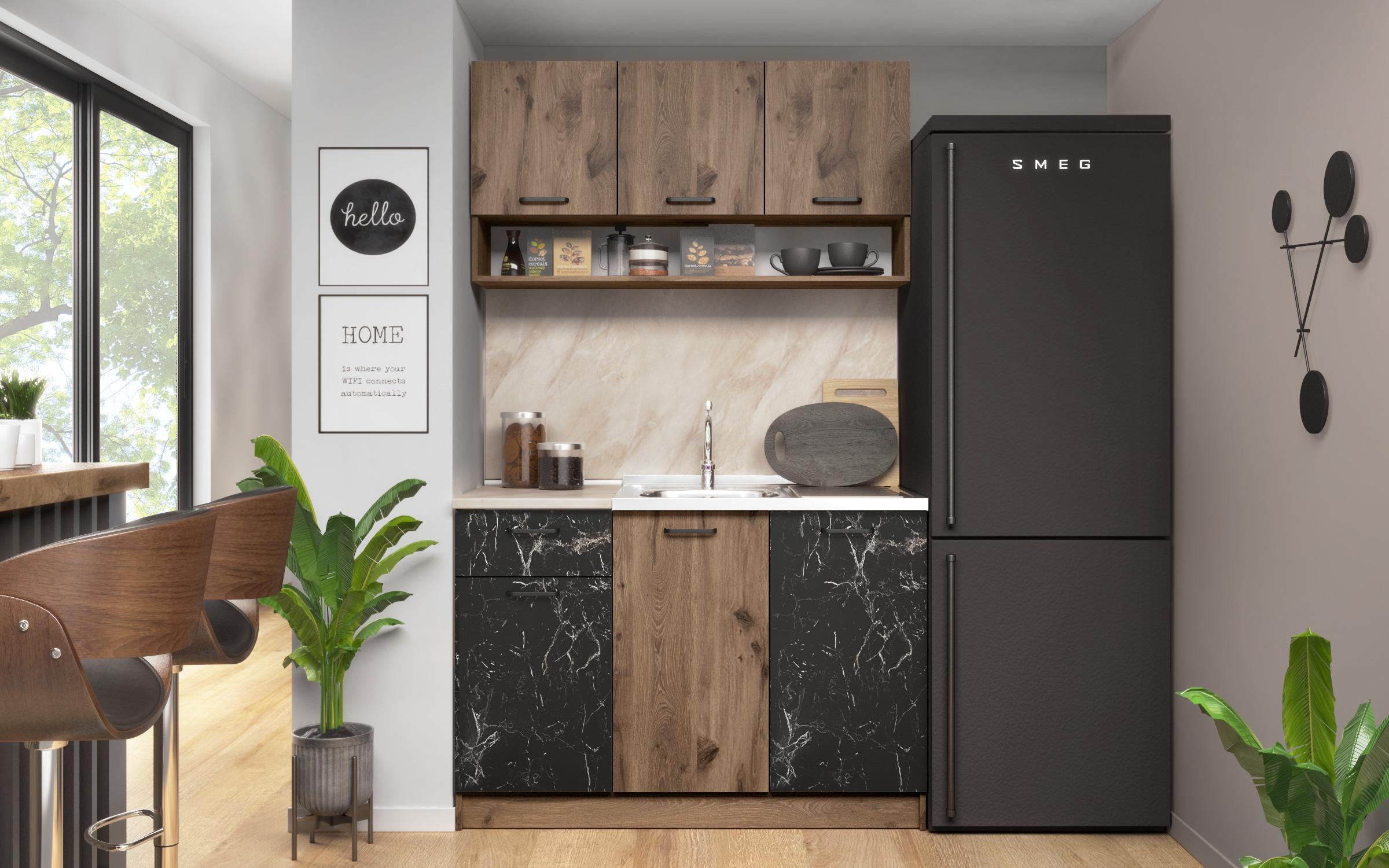 Bucatarie Cacao, stejar scandinav inchis + marmura Tunis  2