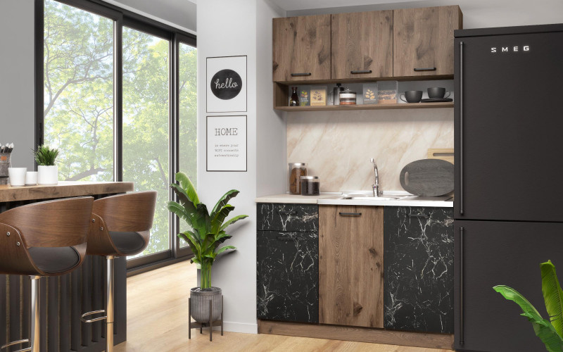 Bucatarie Cacao, stejar scandinav inchis + marmura Tunis  1