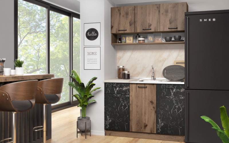 Кухня Какао, темный скандинавский дуб + мрамор Тунис  1