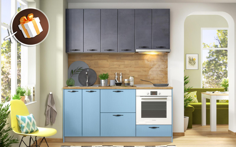 Bucatarie Sesil, beton inchis + aspen albastru deschis  1