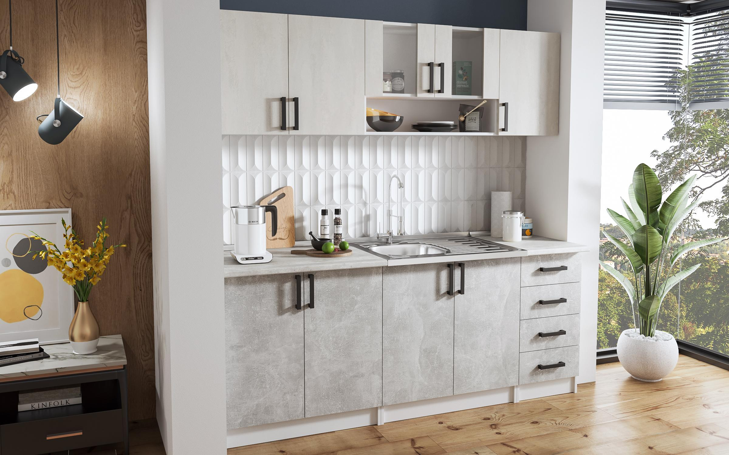 Bucatarie Verana, alb + beton + Silk  2