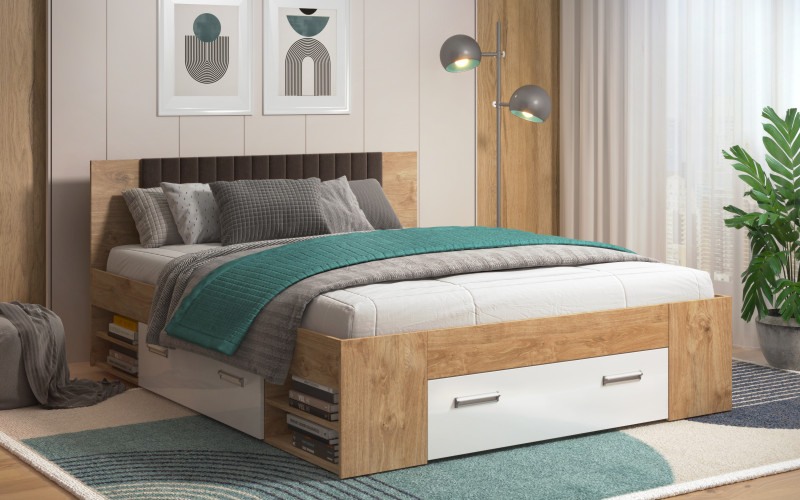 Pat dublu Ray pentru saltea 160/200, stejar auriu + alb lucios  1