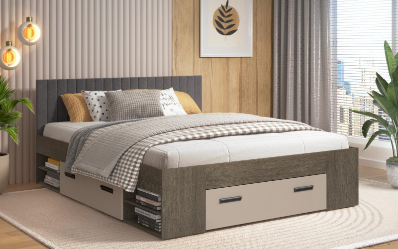 Pat dublu 160/200 Trace + saltea, stejar antracit + casmir + gri Ej46  1