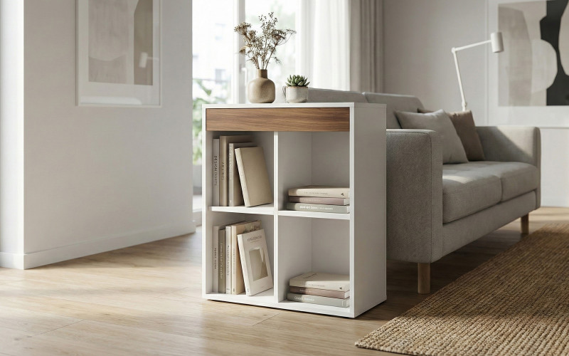 Etajera Linis, alb mat + stejar scandinav inchis  1