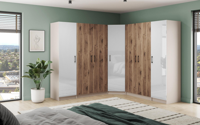 Dulap modular Soho Concept de colt, alb lucios + stejar scandinav inchis  1