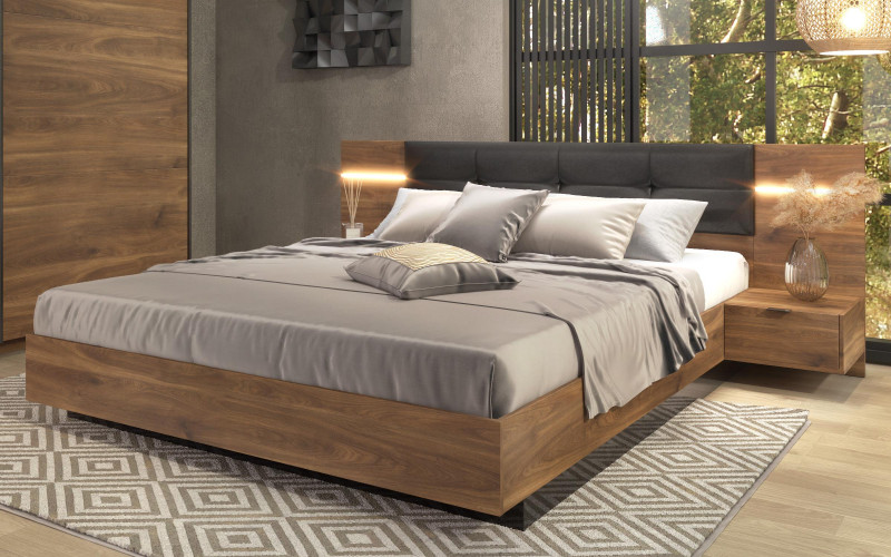 Pat dublu 160/200 + LED Alinor Sens + saltea, stejar coniac + negru lucios  1