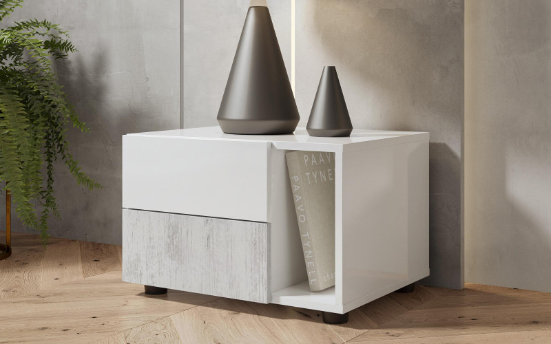 Noptiera Balman, stanga, alb lucios + stejar antic  1