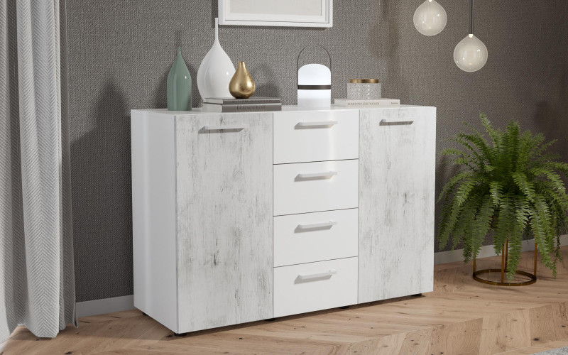 Comoda Balman, alb lucios + stejar antic  1