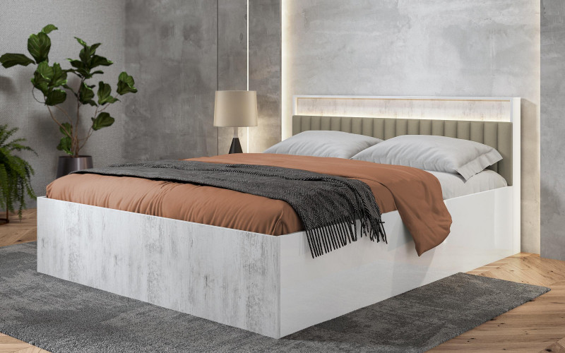 Pat dublu 160/200 + LED Balman + saltea, alb lucios + antracit mat  1