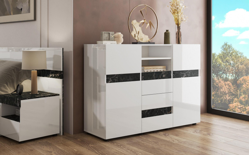 Comoda Kalira, alb lucios + marmura Tunis  1