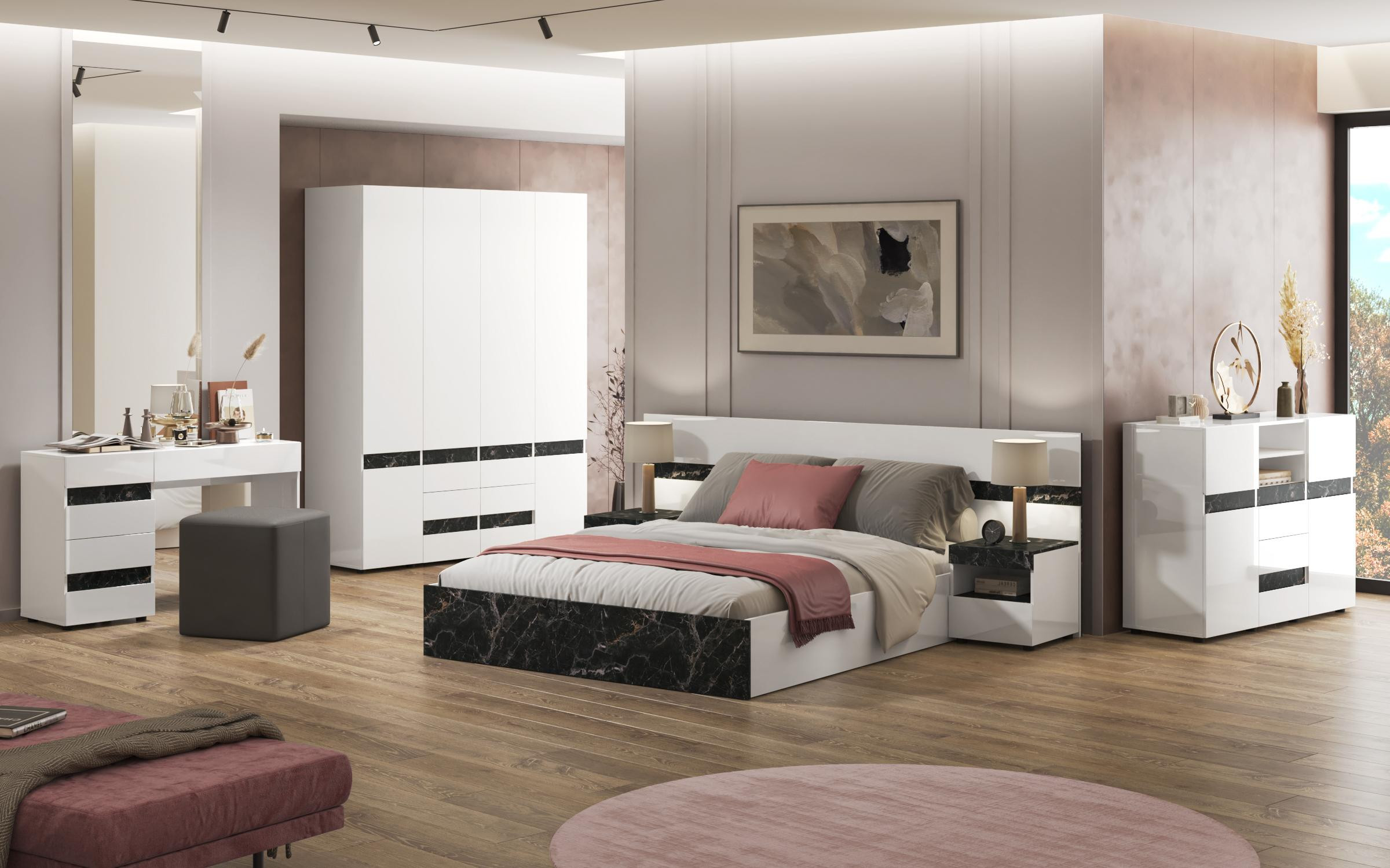 Comoda Kalira, alb lucios + marmura Tunis  2