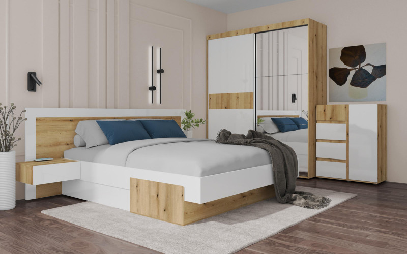 Set dormitor Lukas pentru saltea 160/200, stejar evoc + alb lucios  1