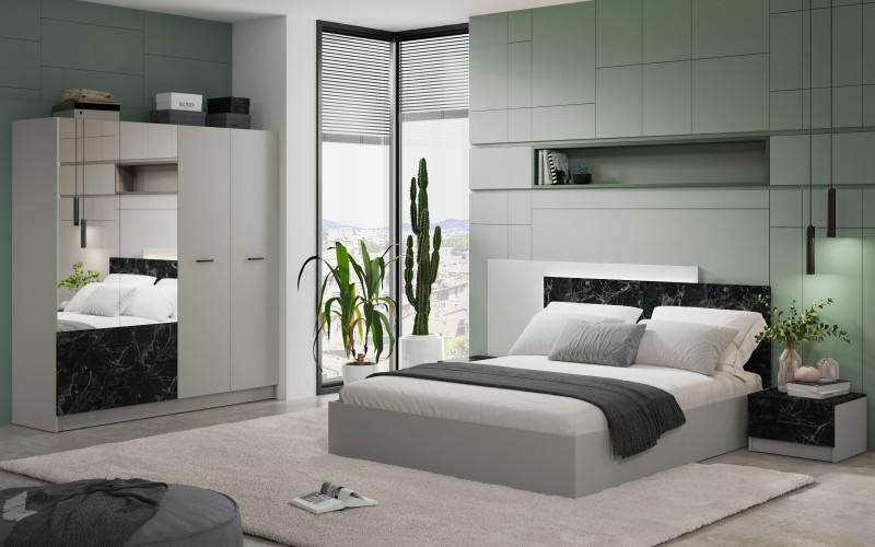 Спальный гарнитур под матрас 160/200 + LED-подсветка Морато, мрамор Тунис + шиншилла серая  1