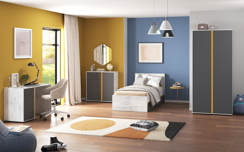Set dormitor pentru camera copilului Tomi, pentru saltea90/200, stejar antic + antracit mat + galben  1