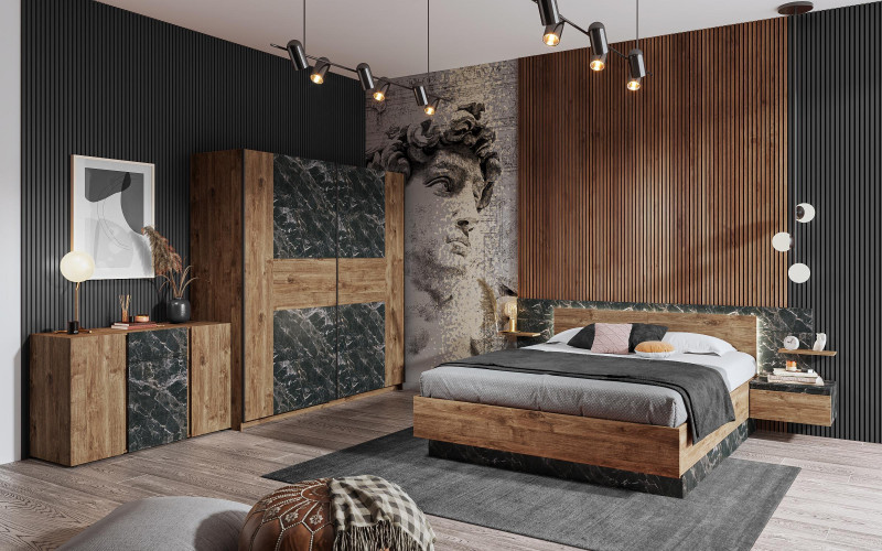 Set dormitor Viking pentru saltea 160/200 + LED, marmura Tunis + stejar scandinav inchis  1
