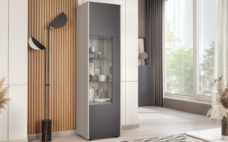 Biblioteca vitrina Pier L + MDF, nisipiu mat + grafit  1