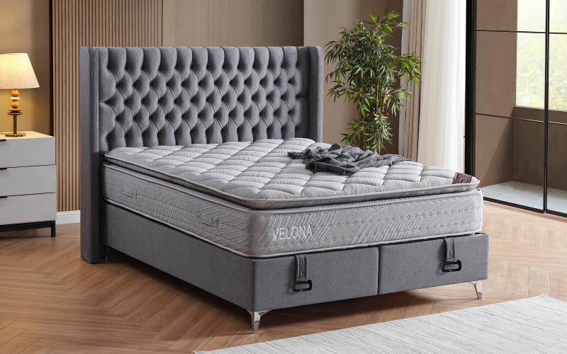 Pat dublu Boxspring 160/200 Velona + saltea, gri  1