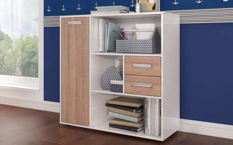 Comoda Nemo, alb lucios + stejar sonoma  1