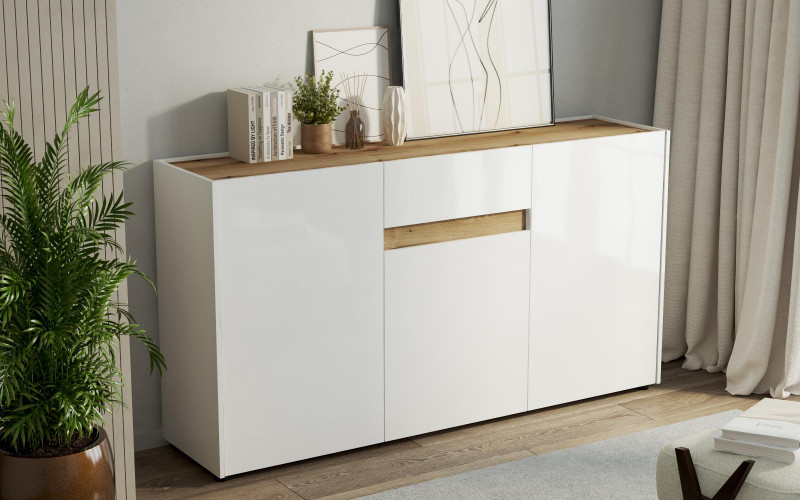 Comoda Pier S, stejar evoc + alb lucios  1