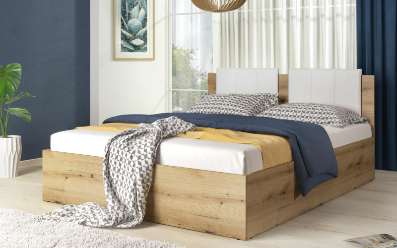 Pat dublu 160/200 Alia + saltea, stejar evoc + piele alba Sf17  1