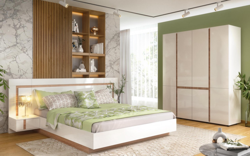 Set dormitor 160/200 Omonia S + saltea, alb lucios + stejar sonoma  1