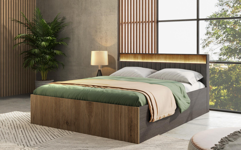 Pat dublu 160/200 + LED Balman + saltea, stejar antracit + cadiz  1