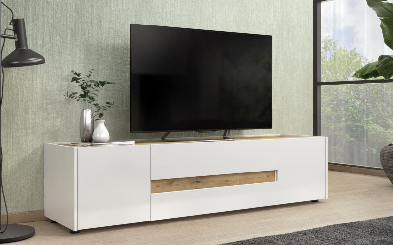 Modul TV Pier, stejar evoc + alb lucios  1