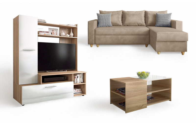 Set de living Fabiola, bej + print + stejar sonoma + alb lucios  1