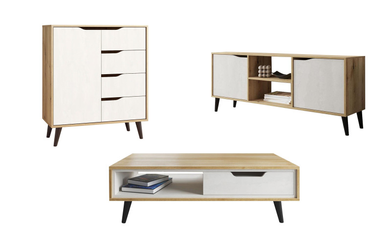 Modul TV Morano M + Comoda Morano C + masuta de cafea Morano II, Silk + stejar evoc  1