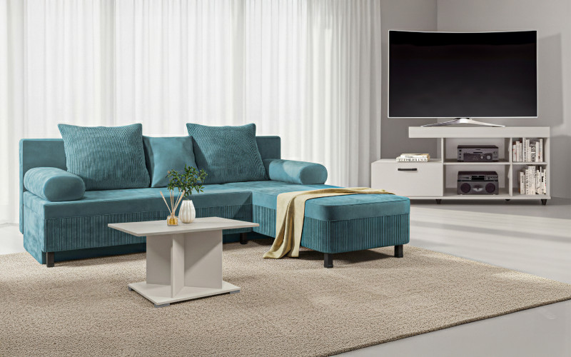 Set Coltar Delano +modul TV Elis + masuta de cafea Aurea L, turcoaz + nisipiu mat + casmir  1