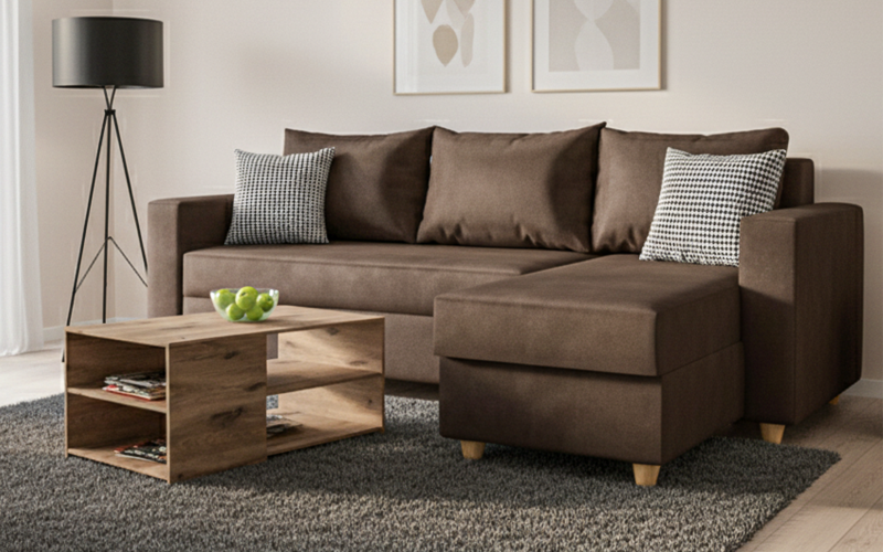 Set Coltar Fabiola + masuta de cafea Polin, maro + print + stejar scandinav inchis  1