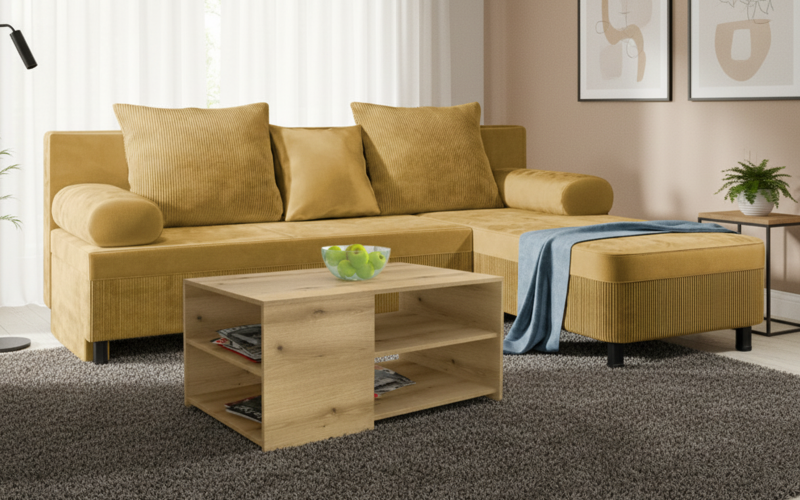 Set Coltar Delano + masuta de cafea Polin, mustar + stejar evoc  1