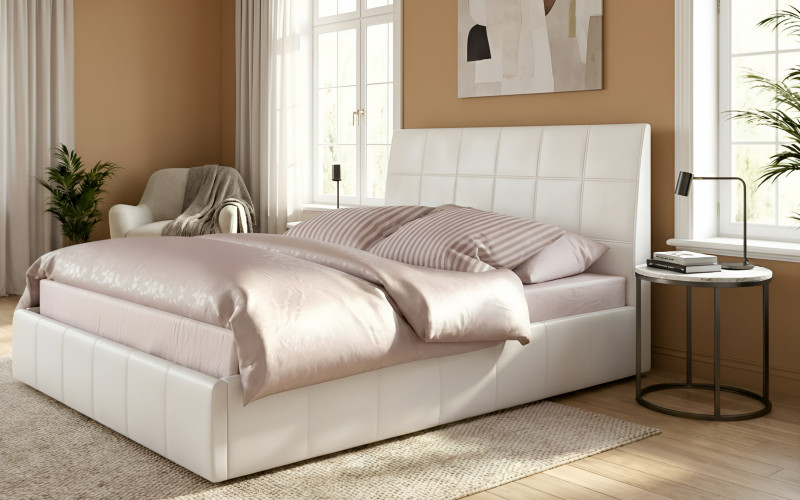 Двуспальная кровать с мягкой обивкой 160/200 Калина + матрас, белый  1