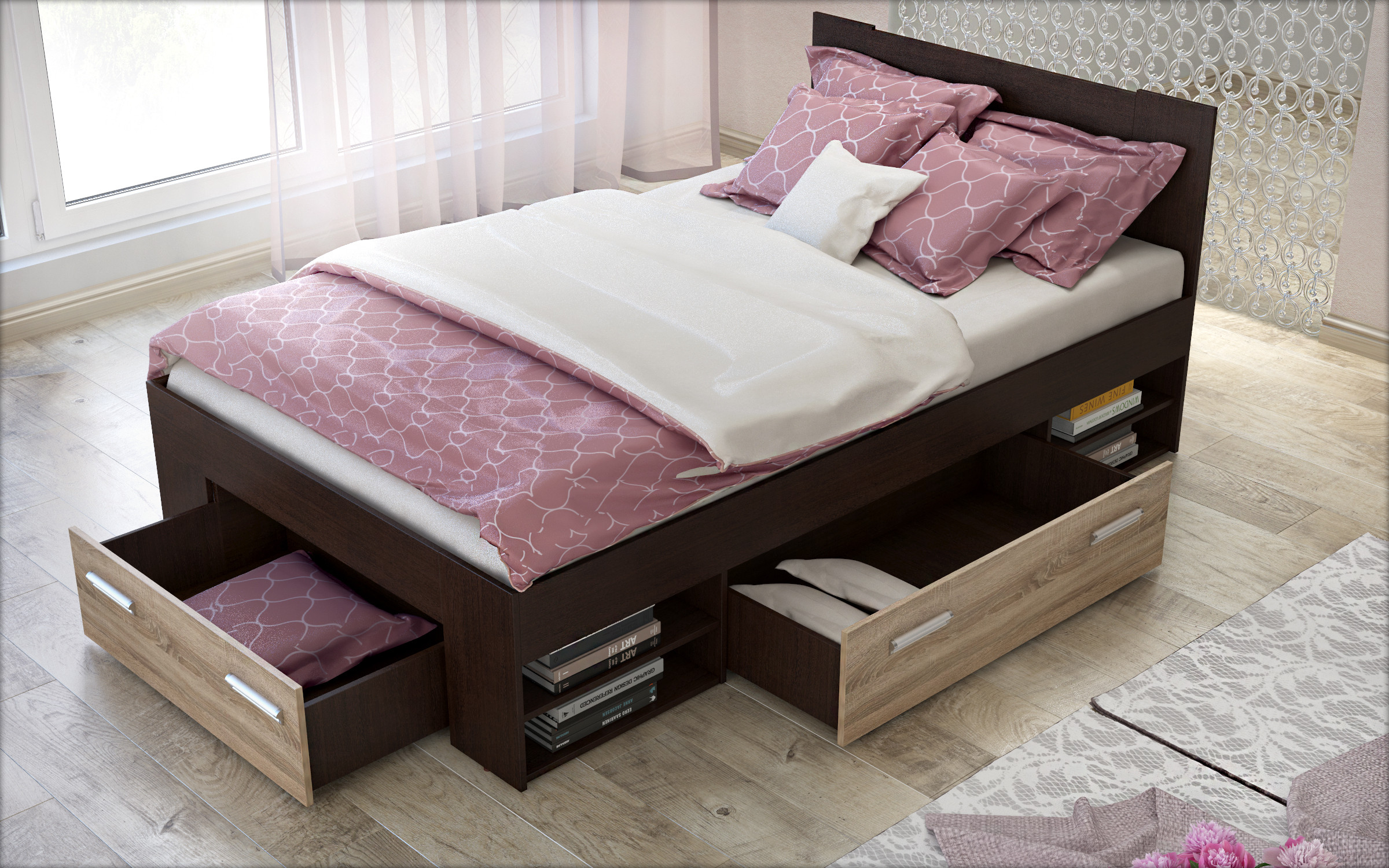 Pat Nemo + sertare, pentru saltea 120/200, wenge + stejar sonoma  3
