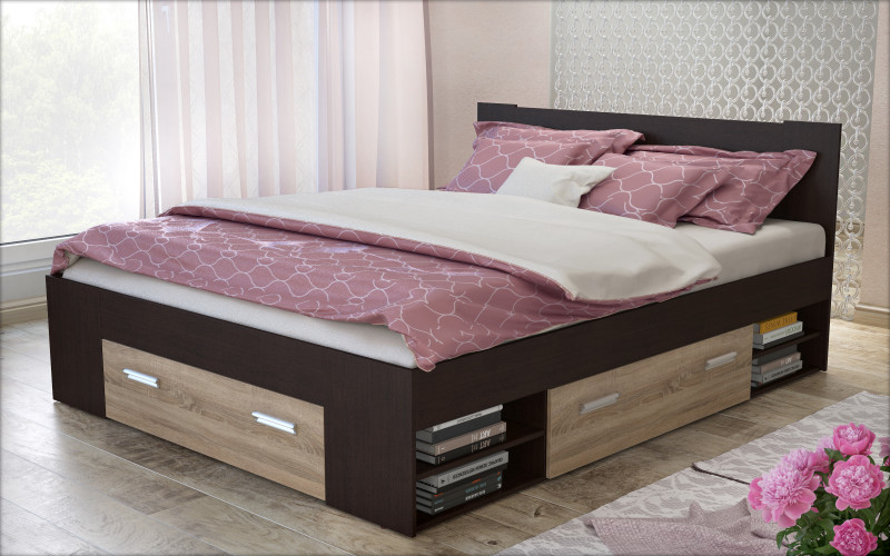 Pat dublu 160/200 + sertare Nemo, wenge + stejar sonoma  1