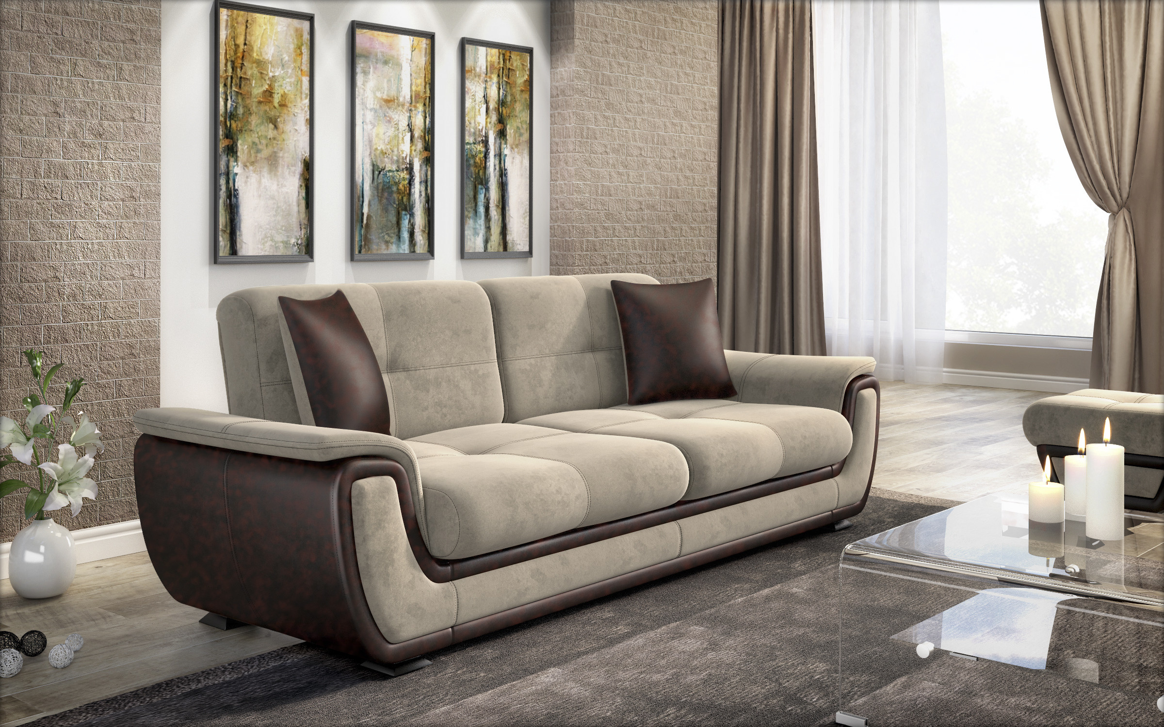 Canapea extensibila Princess II + mecanism click-clack, bej deschis + piele maro  3