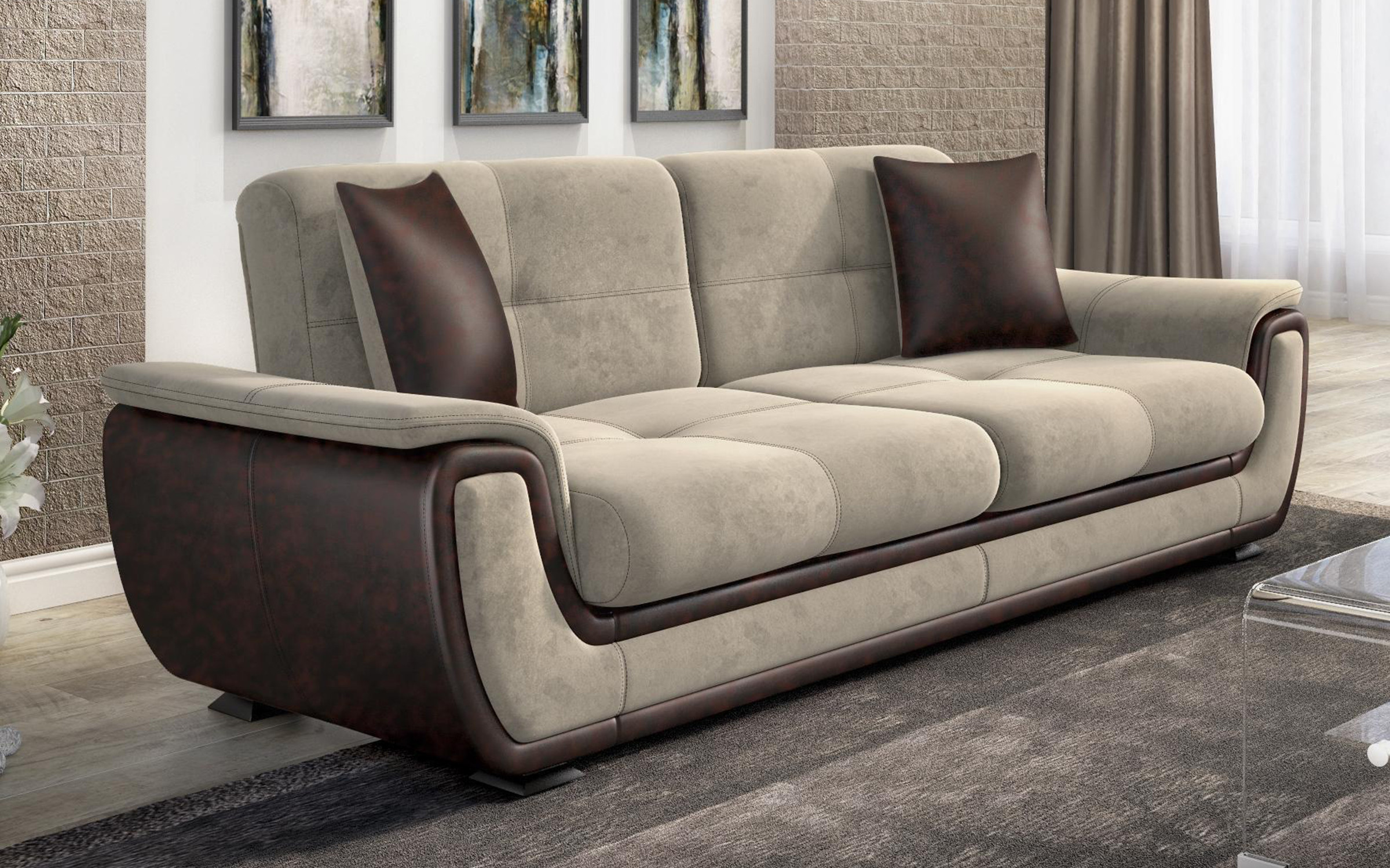 Canapea extensibila click- clack Princess II, bej deschis + piele maro  2