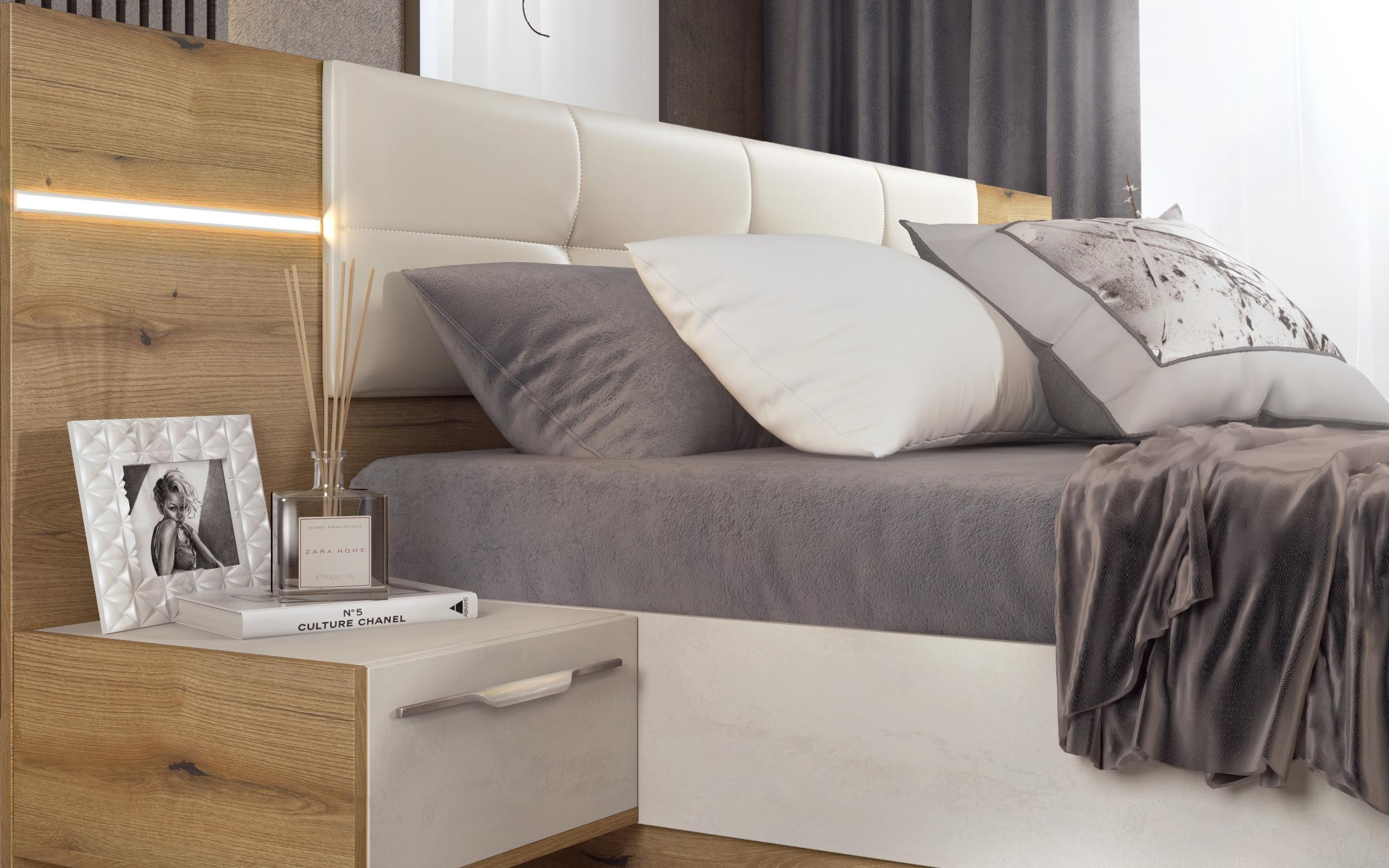 Set dormitor 160/200 + LED Alinor + saltea, stejar evoc + Silk  5