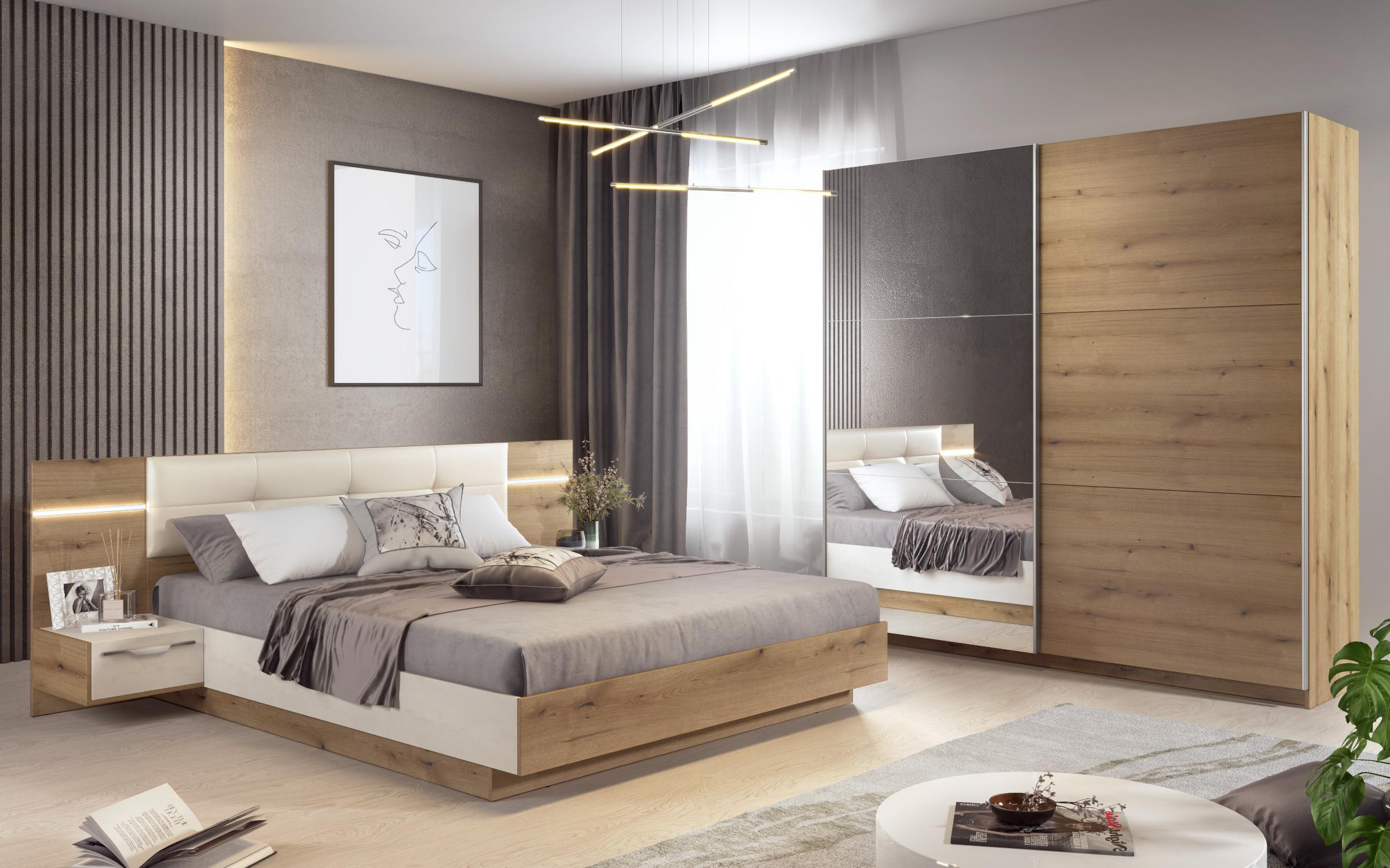 Set dormitor 160/200 + LED Alinor + saltea, stejar evoc + Silk  1